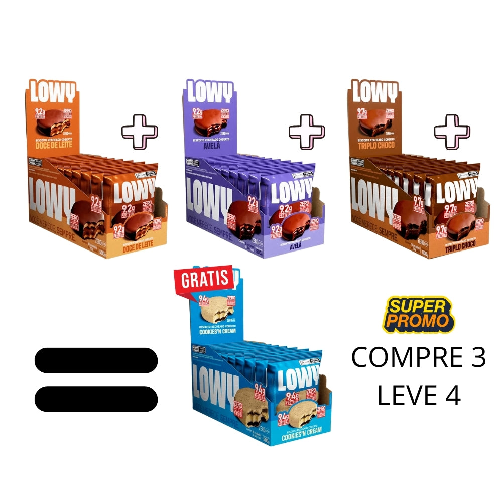 LOWY PROMOÇÃO COMBO :  DOCE DE LEITE, AVELÃ, TRIPLHO CHOCO = LOWY COOKIES AND CREAM